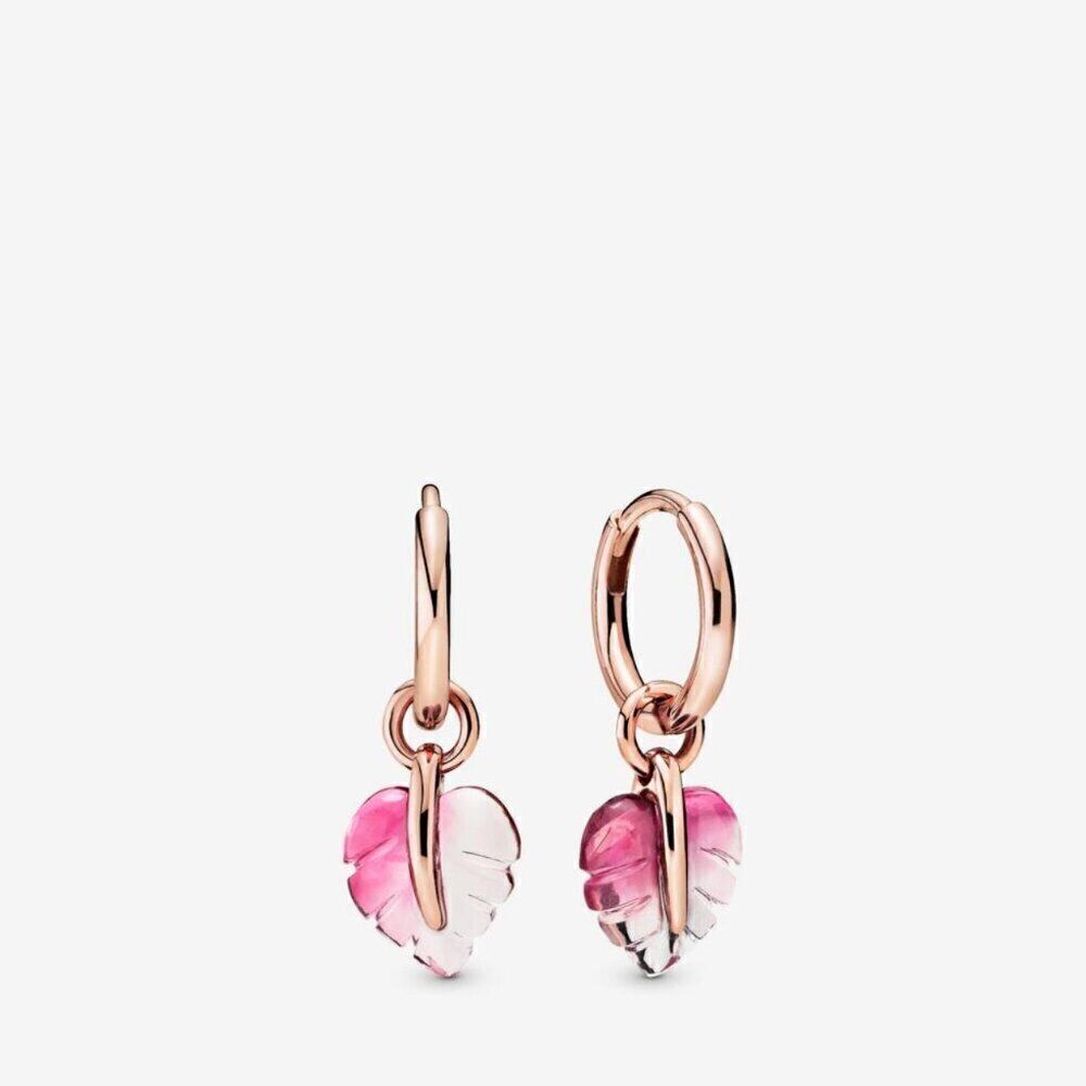 Pandora Pink Murano Glass Leaf Hoop Earrings 14K Rose Gold